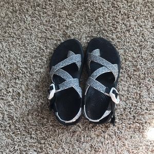 black and white chacos